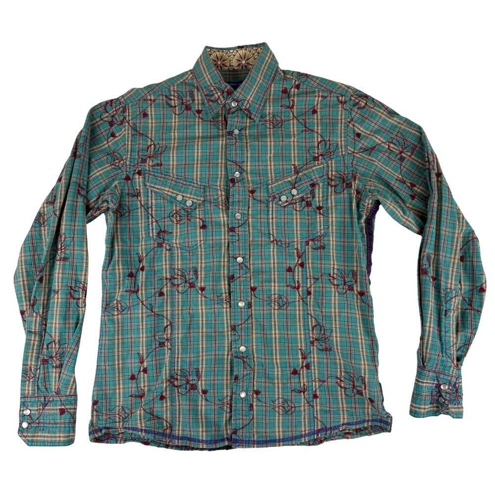 Georg Roth Button Down Shirt Men Medium Turquoise Plaid Floral Embroidered Snaps